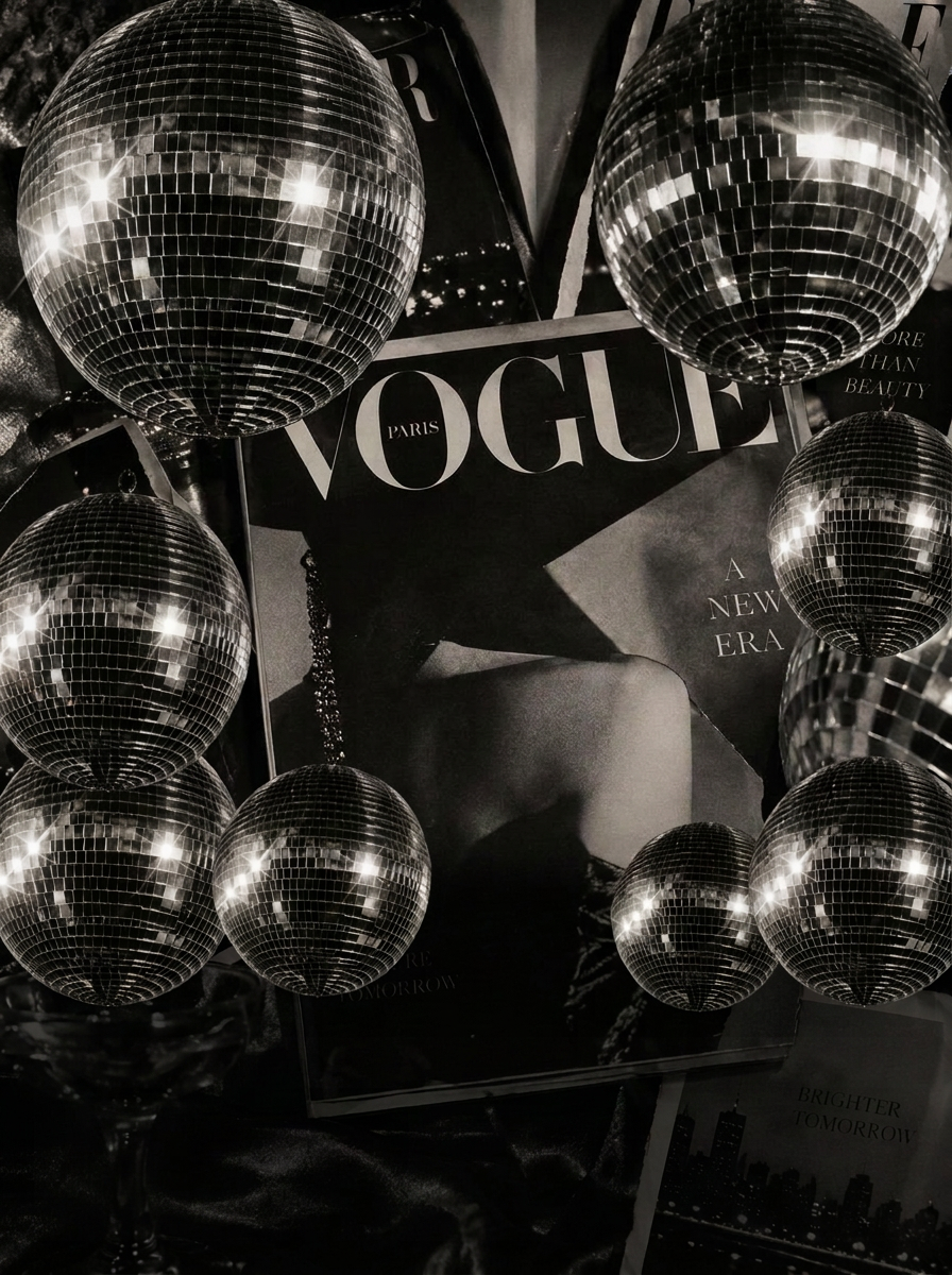 Collage de revista VOGUE con numerosas bolas de boliche plateadas