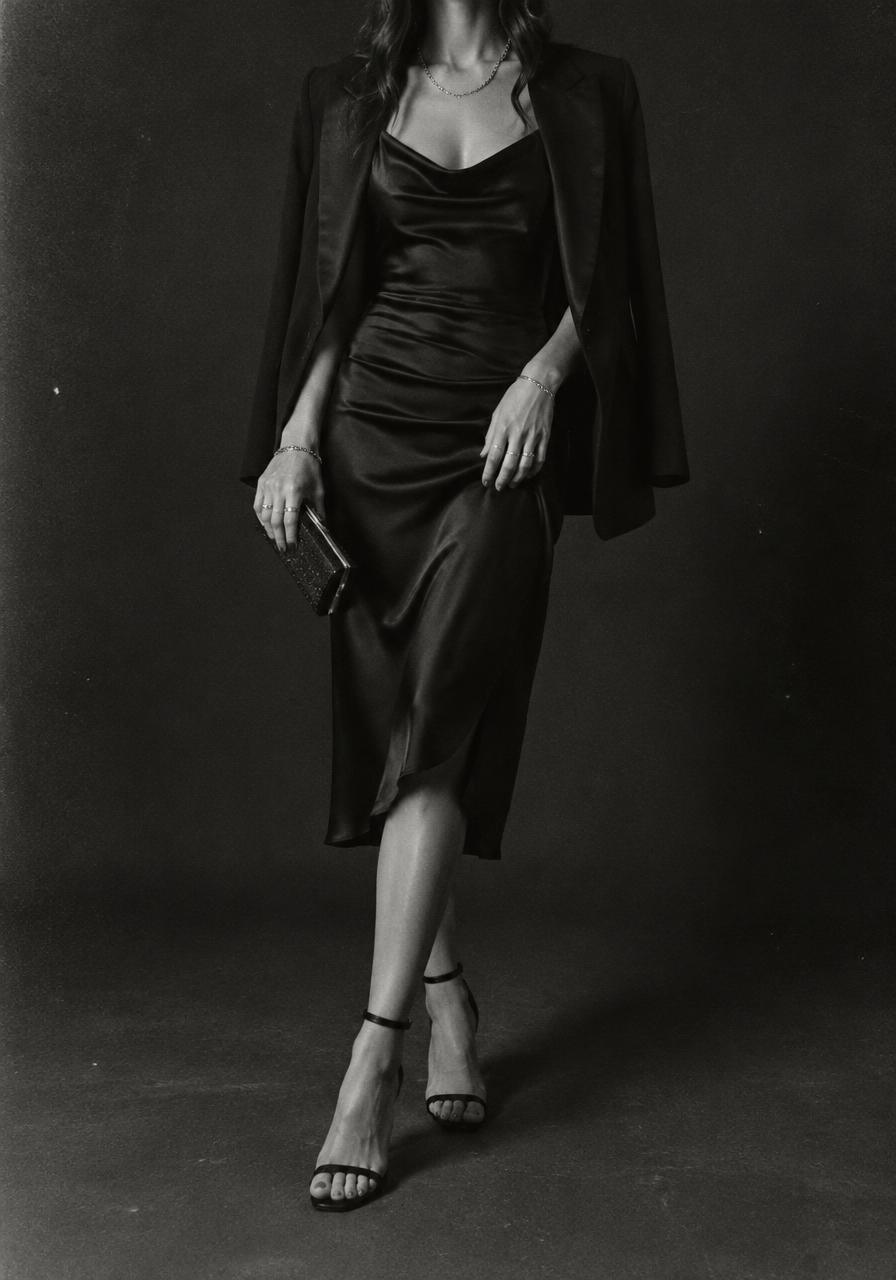 Look de fiesta: vestido midi negro de satén con blazer